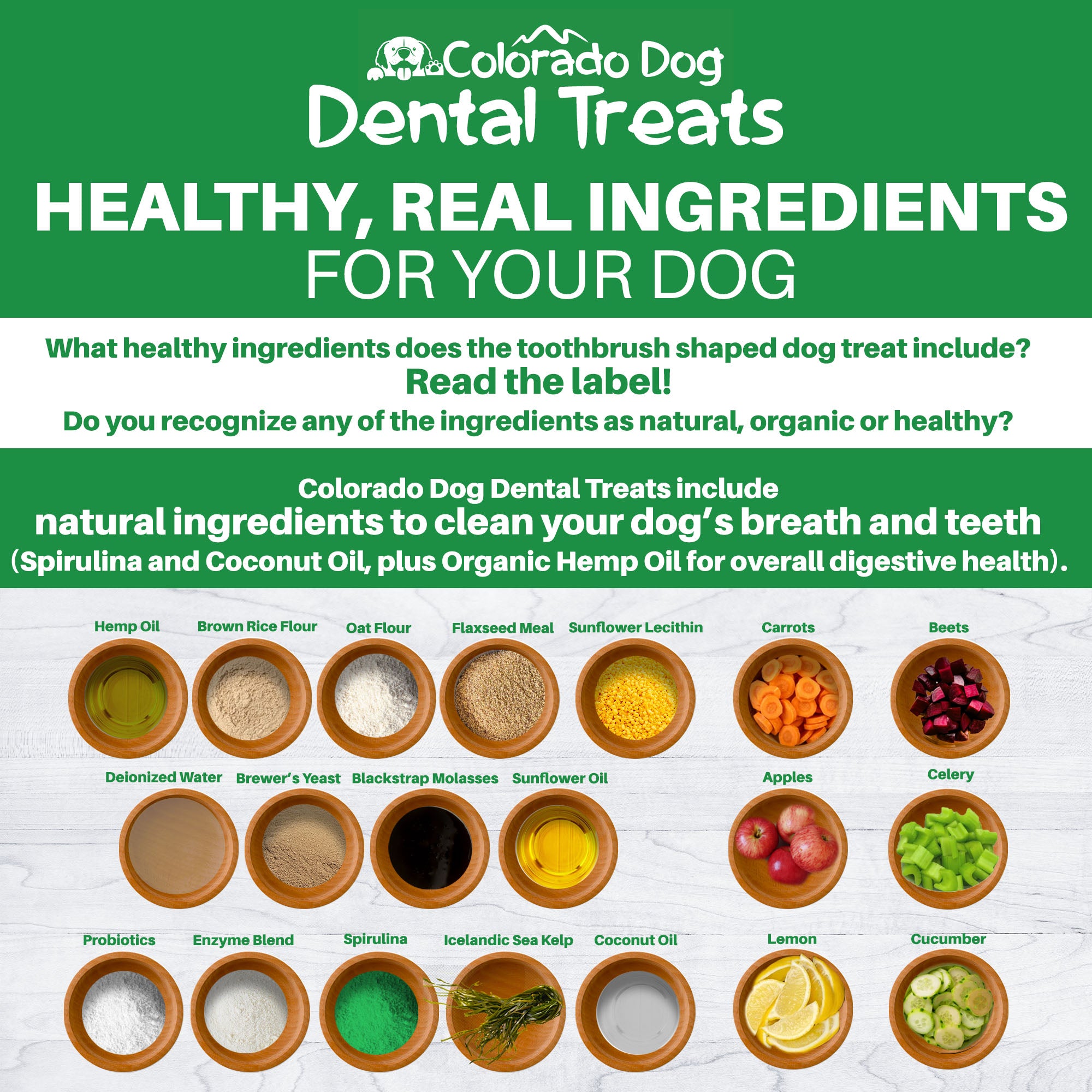 Colorado Dog Dental Dog Treats - with Coconut Oil, Spirulina and Hemp – Compare Ingredients & Cost – a 100% Natural, Effective Dog Dental Chew, Not a Fake Dog Toothbrush